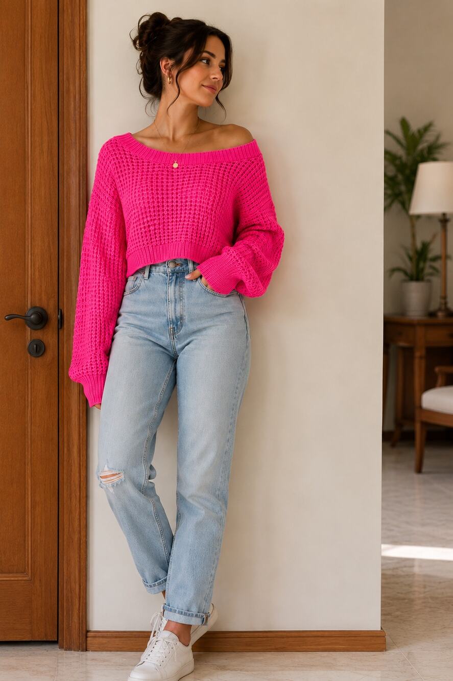 Originality Hot Pink Waffle Knit Cropped Sweater Women’s Large